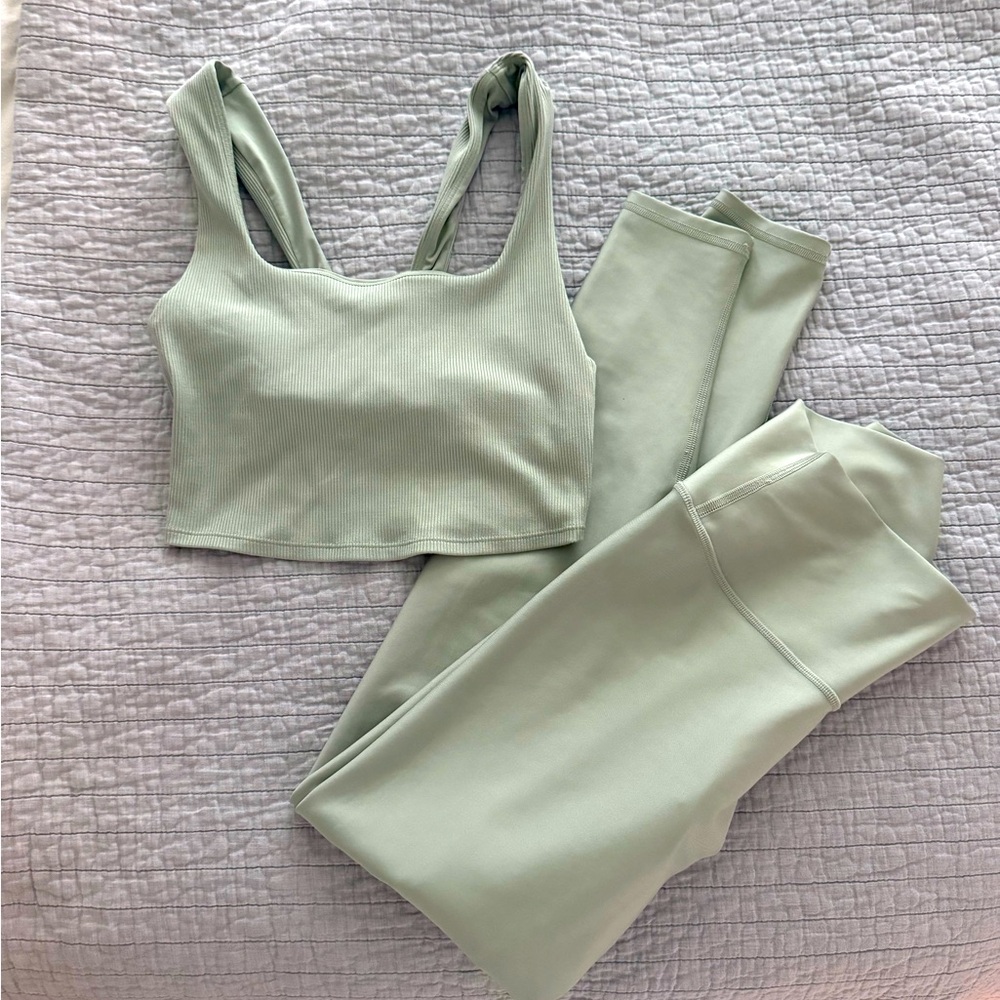 Alo Limestone Green Ribbed Sports Bra & High-Waist Leggings Set top:S / bottom:M